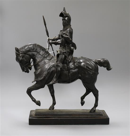 After Barye. A bronze of a knight on horseback, signed height 42cm